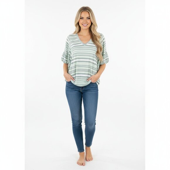 LuLaRoe Green and White Striped Dolman Sleeve Blouse size medium oversized - Picture 1 of 6